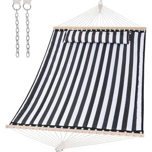 SUNCREAT Double Quilted Hammock, Black Stripes | Hardwood Spreader Bar, Extra Large Soft Pillow, Heavy Duty 2 Person, Indoor, Outdoor