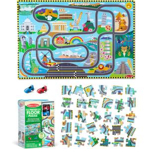 Melissa & Doug Race Around the World Tracks Cardboard Jigsaw Floor Puzzle and Wind-Up Vehicles  48 Pieces, for Boys and Girls 4+ - FSC Certified