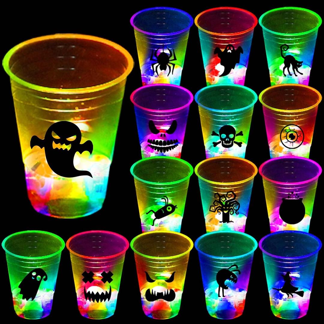 24 Pack Halloween Glow-in-The-Dark Cup Set with Horror Stickers for Party Decorations Event Fun, Glow Halloween Party Cups, House Parties Birthdays Concerts BBQ Beach Holidays