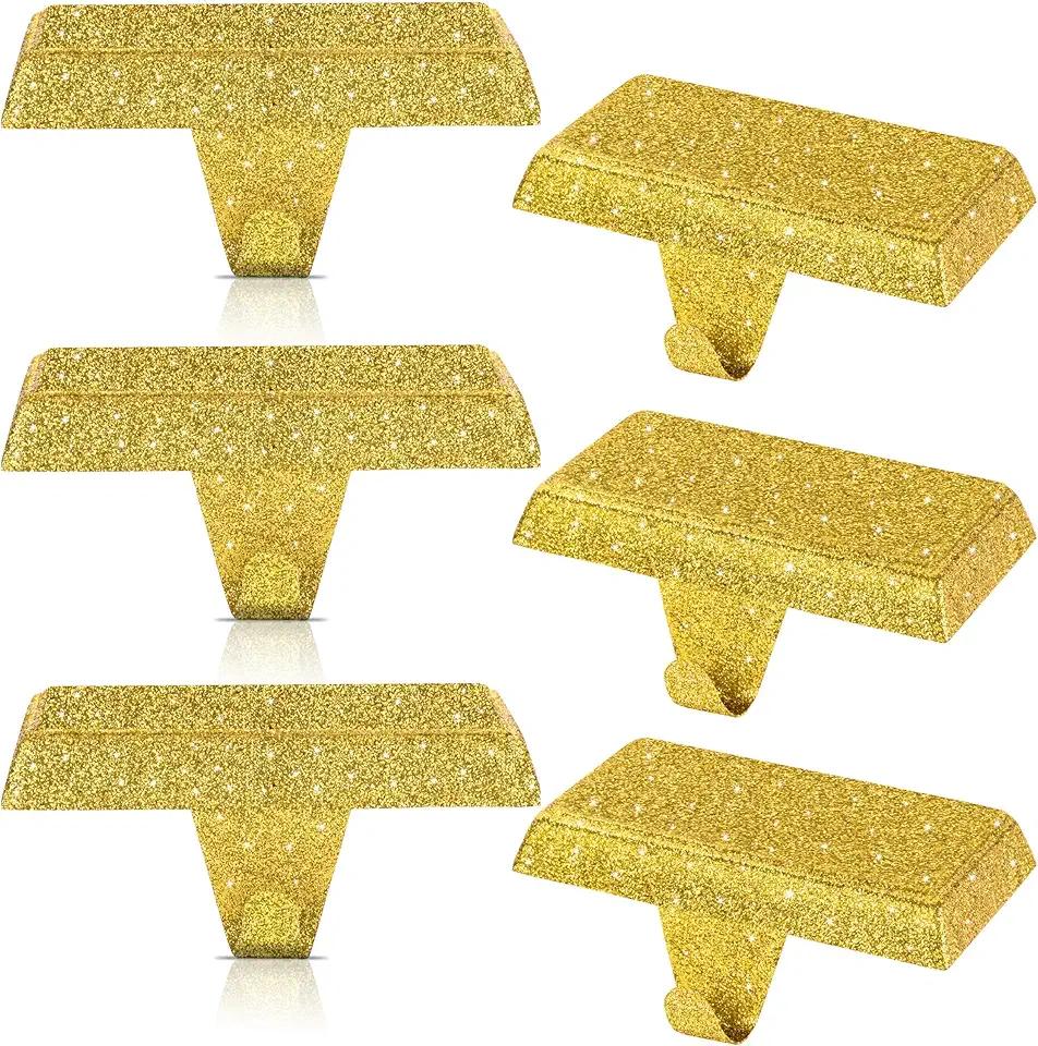 12 Pack Shiny Glitter Christmas Stocking Holders, Heavy Duty Mantel Hangers Fireplace Hooks Grip Bases for Tables Window Decor Xmas Holiday Party Indoor Decoration (Gold)