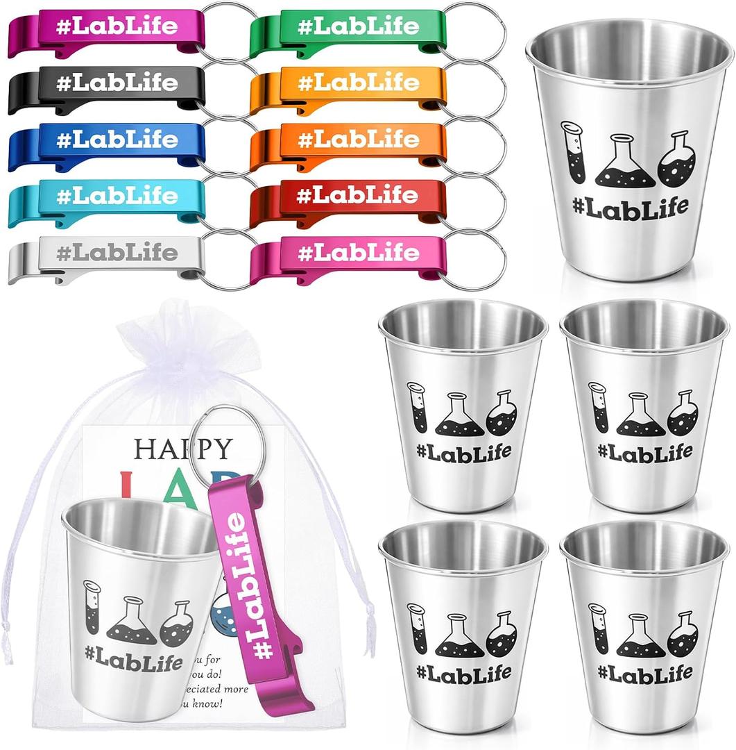 Roshtia 20 Set Lab Week Gift Lablife 2.5 oz Stainless Steel Shot Glasses Keychain Bottle Openers Happy Lab Week Cards Appreciation Gift for Laboratory Workers Office Supplies for Technician