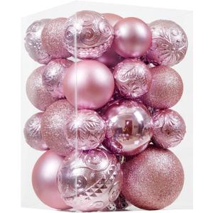 Christmas Ball Ornaments - 30pcs Shatterproof Christmas Ornaments Set Plastic Hanging Christmas Decorations for Xmas Tree Holiday Party Decor, 6 Styles in 4 Sizes (Pink)