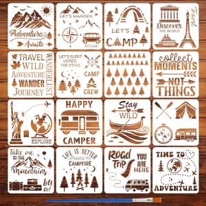 FINGERINSPIRE 16PCS Travel Theme Stencils for Painting 11.8x11.8inch | With Brush, Mountains Trees Compass Template Tent Campfire Airplane Suitcase Stencil Maple Leaf Moon Star Boat Fish Template