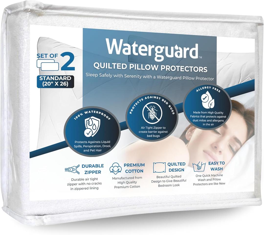 Waterguard Quilted Pillow Protector - Waterproof and Bed Bug Proof Standard Size Zippered Pillow Protector - Luxury Designed Pillowcases Protects Pillows from Dirt, Dust Mites, Stains, & Spills