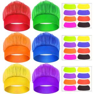 6Pcs Hairy Headbands Trolls Flowy Crazy Hair & Stickers - Spirit Week Accessory Sports Cheering Headwear Costume Props (Mixed Colors)
