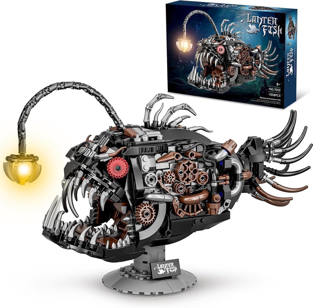 Mechanical Angler Fish Building Set with Light, Creative Ocean Lantern Fish Animal Toy for Home Office Decor, Compatible with Lego Shark, STEM Gift for Adults Teens Boys 8-14+ (1038 PCS) (Black)