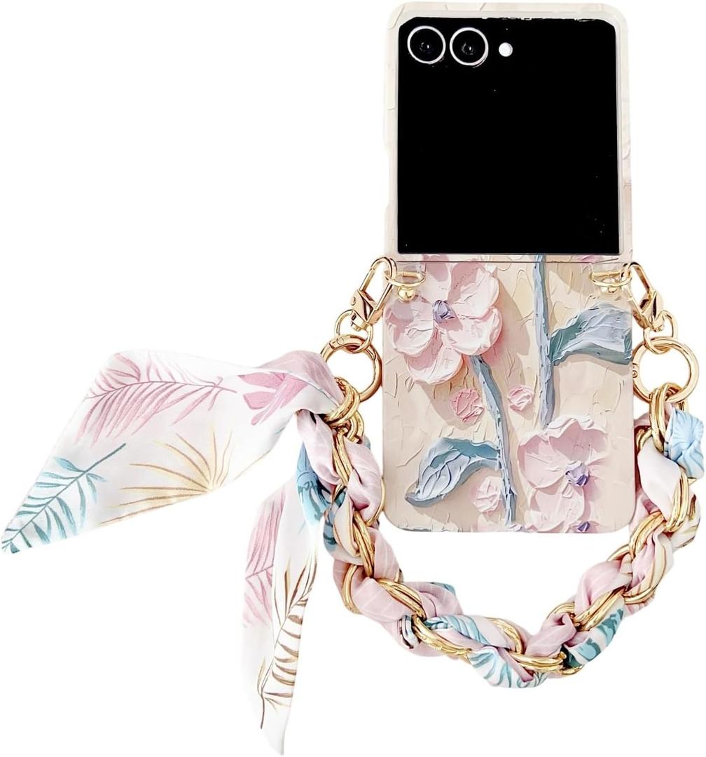 for Samsung Galaxy Z Flip 7 Case, Flat Embossed Watercolor Floral Full Wrap Flip 7 Phone Case, Fold Phone Cover with Bracelet (With Chain,B)