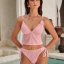 ZAFUL Women's V Neck Tummy Control High Waisted Tankini Swimsuits | Adjustable Spaghetti Strap, Sexy Plunging Neck, Tummy Control Tank Top, Tie Side Cheeky Bikini Bottom, 2 Piece Bathing Suit (Pink, M)