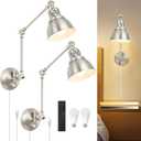 2 Pack Plug in Wall Sconces with Remote, Dimmable, Adjustable Colors, Swing Arm Wall Lamps, Wall Sconces Set of Two with Timer & Night Light, Plug-in or Hardwired (Brushed Nickel, With Bulbs+Remote)