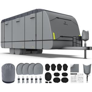 RVMasking RV Cover for 24' 1"-26' - 600D Oxford Fabric Waterproof Rip-Stop, Heavy Duty Travel Trailer Cover with 3Pcs Windproof Straps, 4 Tire Covers & Tongue Jack Cover, Camper Cover Neutral Gray