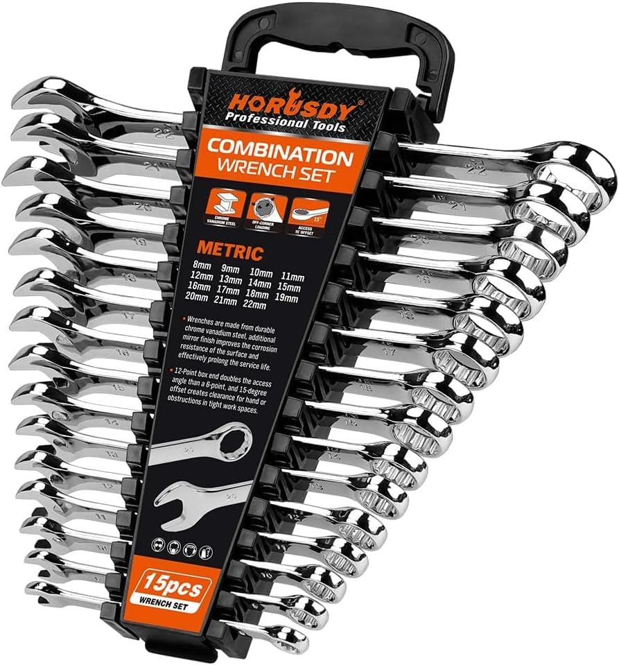 HORUSDY 15-Piece Metric Wrench Sets, Premium Combination Wrench Set Metric 8-22mm, Max Torque, 12-Point, Chrome Vanadium Steel, with Storage Rack