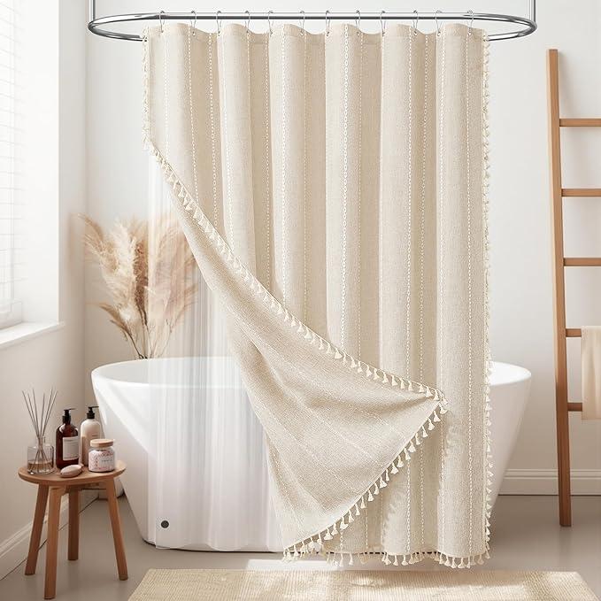 BTTN Boho Farmhouse Shower Curtain - Linen Rustic Heavy Duty Striped Fabric Shower Curtain Set with Tassel, Bohemian Vintage Country Cloth Shower Curtains for Bathroom，Grey，72" W x 84" L (Pack of 1)
