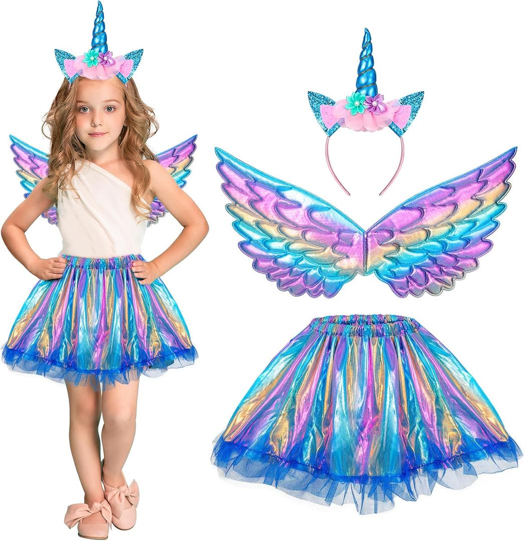 Hifot Unicorn Costumes for Girl, Unicorn Birthday Tutu Dress with Unicorn Wings Headband for Christmas Gifts Party Outfit, 8In Waist