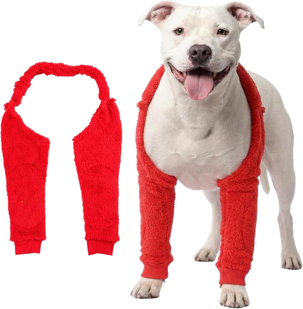 LovinPet Dog Front Leg Warmers for Medium Large Dogs, Double-Sided Fleece Elbow & Knee Sleeve, Adjustable Recovery Leg Protector, Anti-Lick, Anti-Chafe, Cold Weather Keep Warm, Red, XXL