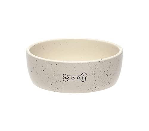 Pearhead Ceramic Dog Bowl – “Woof” Speckled Pet Food & Water Dish, Durable Stoneware, Non-Slip Heavy Base, 20 oz, Medium