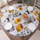 Round Vinyl Fitted Tablecloth with Flannel Backing Elastic Edge Design Table Cover Waterproof Oil-Proof PVC Table Cloth Stain-Resistant Wipeable for Round Table (Large Round Fits Table up 45"-56" Diameter, Sunflower)