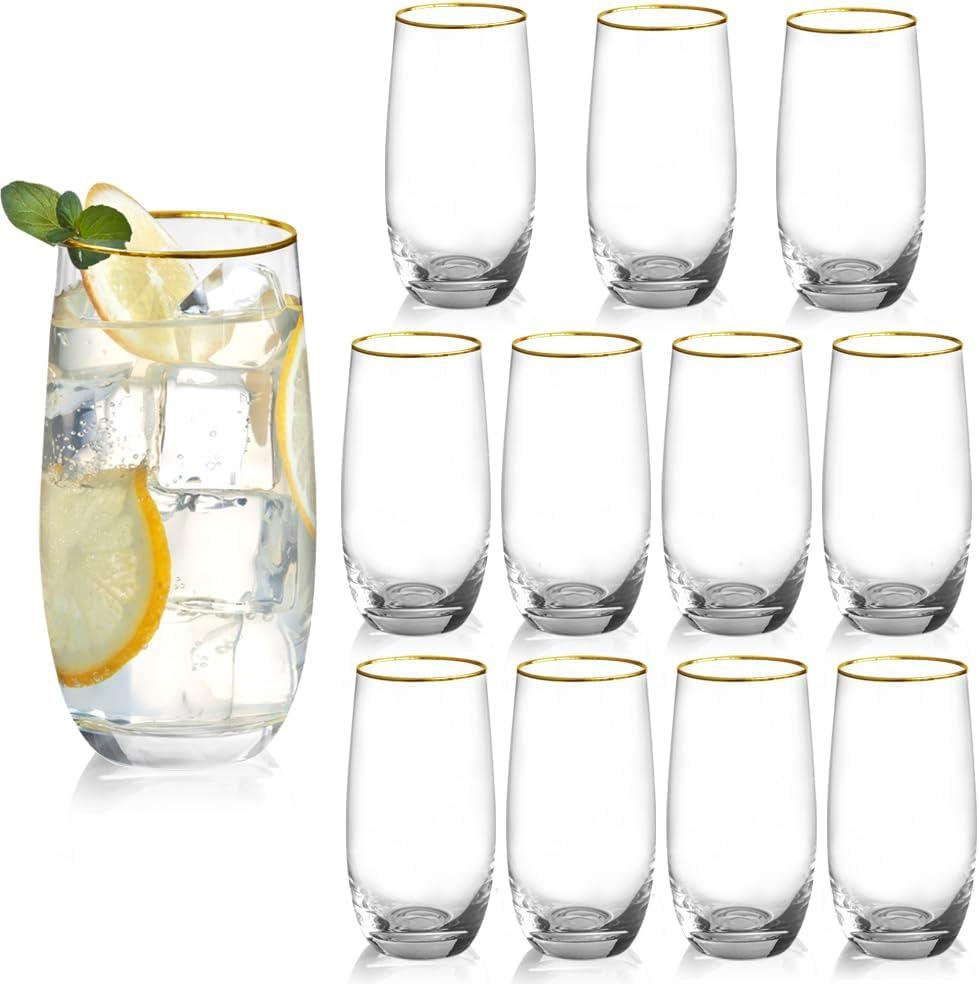 Drinking Glasses Set of 12, 13 oz Crystal Tall Highball Water Glasses Gold Rimmed Glassware Cups Drinking for Whiskey Cocktail Juice Water Beverage Mojito
