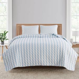 Market & Place Blue Striped Quilt Set Queen Size | Ultra Soft Lightweight Microfiber Bedspread | 3 Piece Reversible Coverlet Set for All Seasons | Avery Collection (Full/Queen, Light Blue)