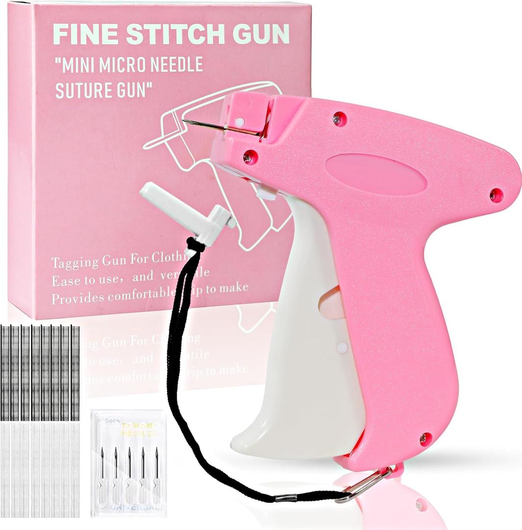 Stitch Gun for Clothes Handheld Stitch Gun Quick Clothing FixerSewing Kit Includes 1,000 Black Fasteners & 1,000 White Fasteners & 6 Needles (Pink-White)