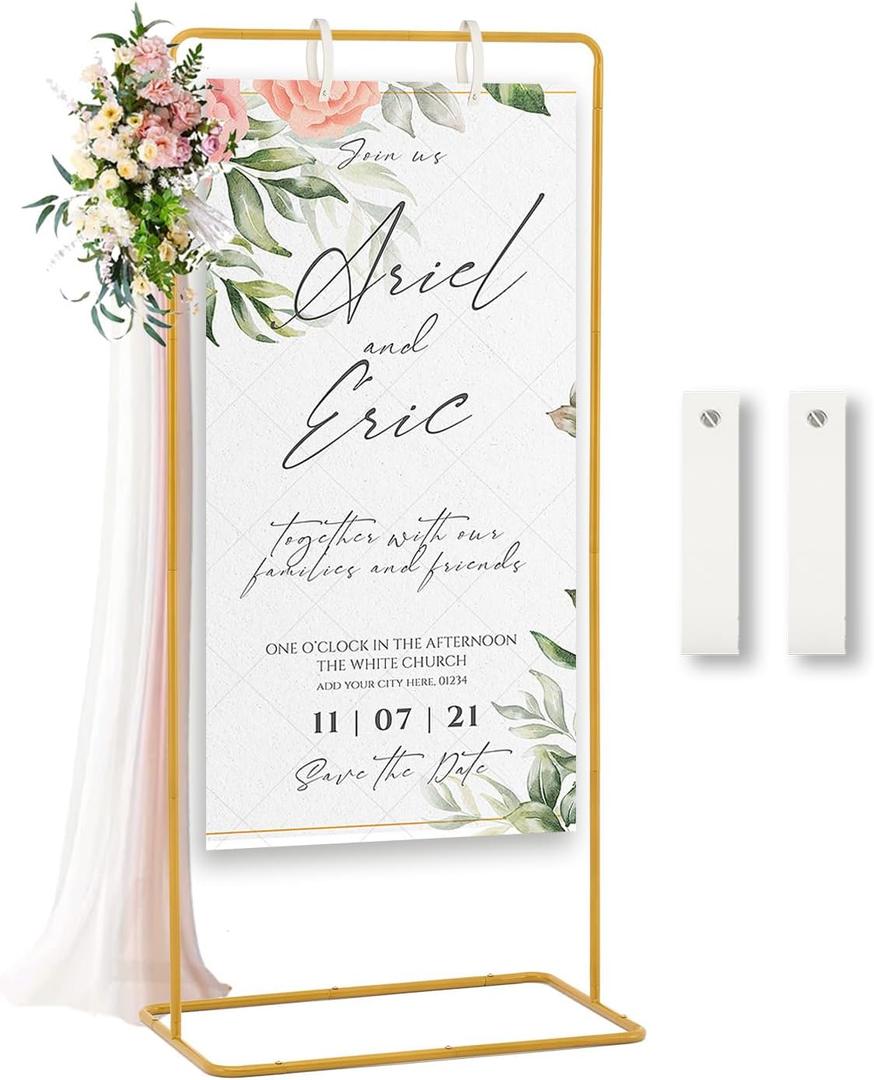 Fullvaseer Wedding Sign Holder,Adjustable Welcome to Our Wedding Sign Stand with 2 Leather Sign Hanging Straps,Wedding Seating Chart Stand for Party,Baby Shower,Graduation Ceremony(Posters Excluded) (68.9inch, Gold-1PCS)