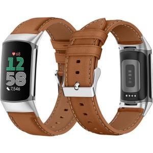 Leather Strap for Fitbit Charge 6 / Fitbit Charge 5, Soft PU Leather Bracelet Wristband, Replacement Watch Bands - Brown
