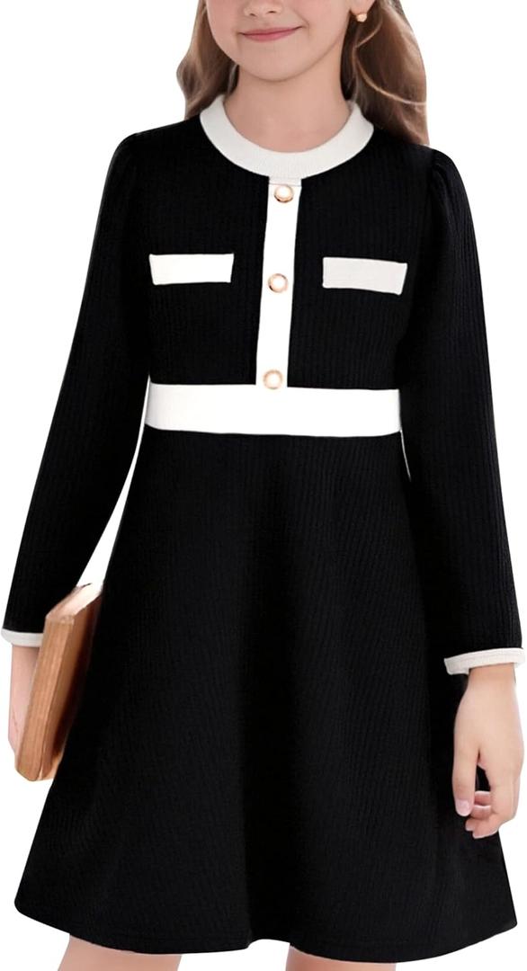NIUSC Girls Sweater Fall Dress Long Sleeve Knit Button Color Block Winter Casual Party Dresses Black 5-6 Year