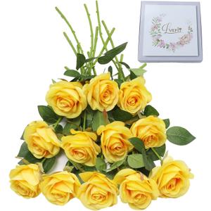 LVEFIT 12 Pcs Yellow Flowers Artificial Roses Fake Flowers with Long Stem Silk Roses Faux Roses for Wedding Bouquet Bridal Shower Party Home Table Centerpieces DIY Florals Decoration