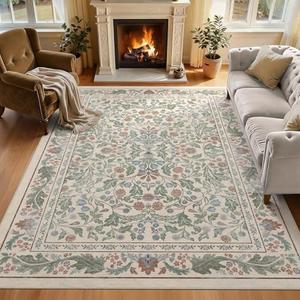 Beige Floral 5x7 Area Rugs for Living Room Large Washable Rug Vintage Forest Low Pile Non Slip Stain Resistance Soft Carpet for Dining Room, Bedroom, Office Rug, Kids Room, Nursery Room, Playroom