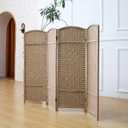 Furnnylane 4 Panel Rattan Divider Short Room Partition Screen,Double Sided Folding Divider for Room Separation, Light Brown,47.2" H x 63" W