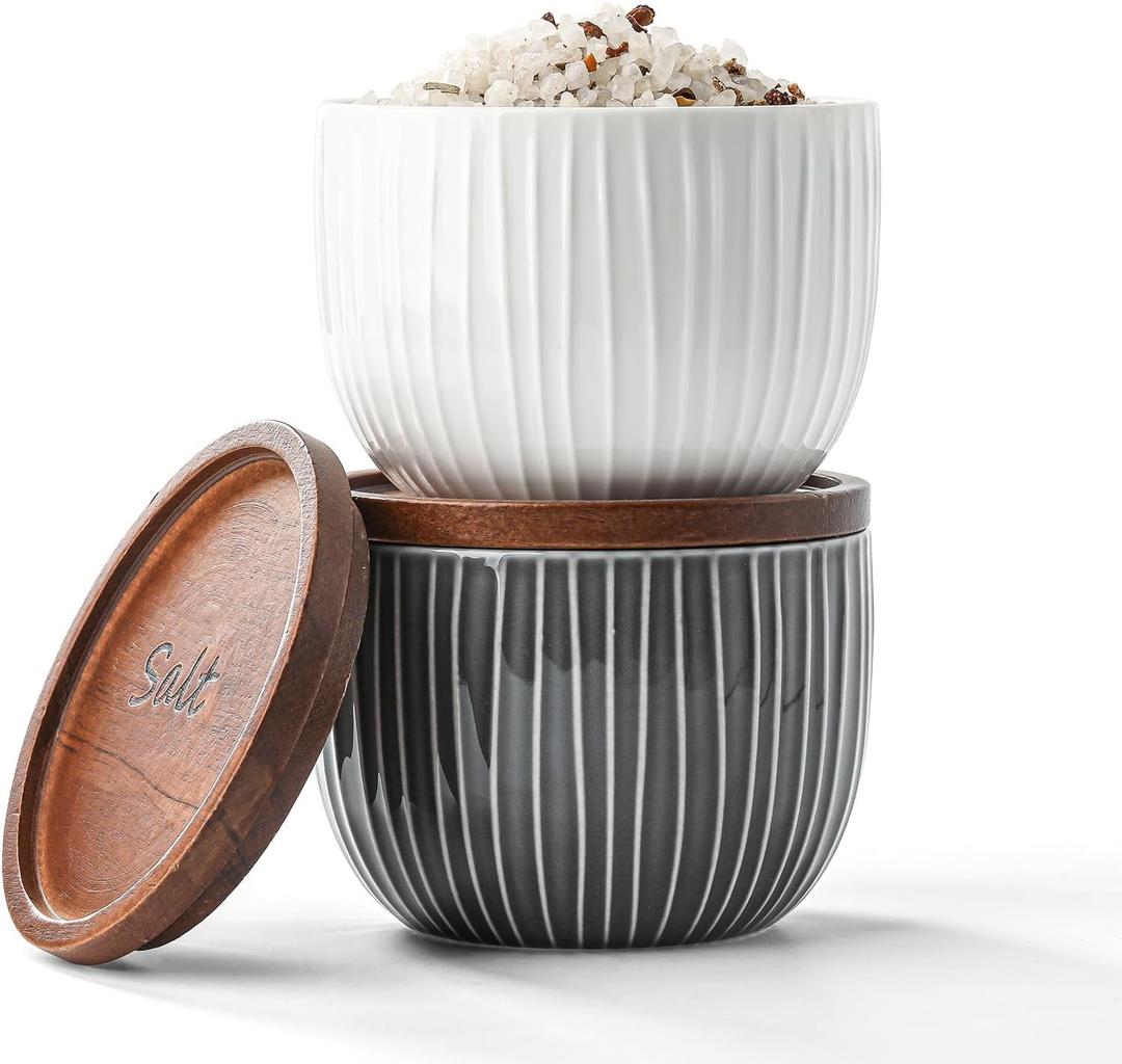 Ceramic Salt and Pepper Bowls: 10 oz Stackable Spice Cellar with Wooden Lid - Stacked Seasoning Storage Containers for Kitchen Countertop - Grey & White, Set of 2