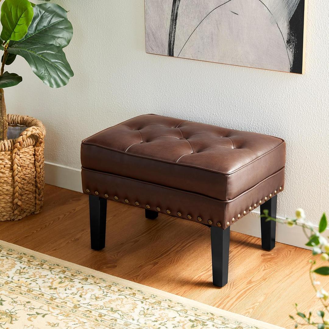 Glitzhome Faux Leather Foot Stool, Mid Century Modern Foot Stools Ottoman, Vintage Ottoman Tufted Square Vanity Seat, Coffee