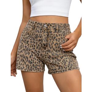 luvamia Jean Shorts for Women Trendy High Waisted Cheetah Leopard Animal Print Stretchy Denim Shorts Summer Casual Jorts (Large)