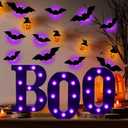 Halloween Decorations Indoor-3 LED Marquee Light Up Letters Black Boo Sign Halloween Lighted 3D Bats Wall Decor for Home Fireplace Indoor Kitchen Party Table Decor