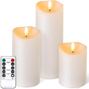 Outdoor Flameless Candles with Remote Timer - Waterproof Realistic Flickering LED Pillar Electric Battery Operated Fake Candle for Holiday Home Wedding Fireplace Decor - Ivory White 3 Pack
