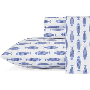 Nautica - Twin Sheets, Cotton Percale Bedding Set, Fully Elasticized, Ideal Dorm Essentials (Woodblock Fish Blue, Twin)