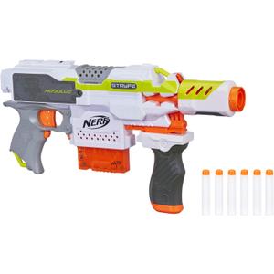 Nerf Modulus Stryfe Motorized Blaster - Fires 6 Darts in a Row - Includes Drop Grip, Barrel Extension, 6-Dart Clip, 6 Nerf Elite Darts