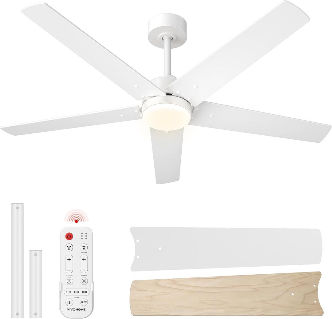 VIVOHOME Ceiling Fans with Lights, 52 inch Low Profile Ceiling Fan with Light and Remote, Flush Mount for Bedroom, Living Room, Garage, 6+1 Speeds, 3CCT, Dimmable, Timer, Quiet Reversible, White