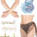 Coume 7 Pcs Halloween Mermaid Costume Accessory Includes Swimwear Cover Up Fishnet Skirt, 4 Pcs Shell Starfish Hair Clips, Rhinestone Fishnet Long Gloves, Mermaid Sequins Glitter for Women Cosplay