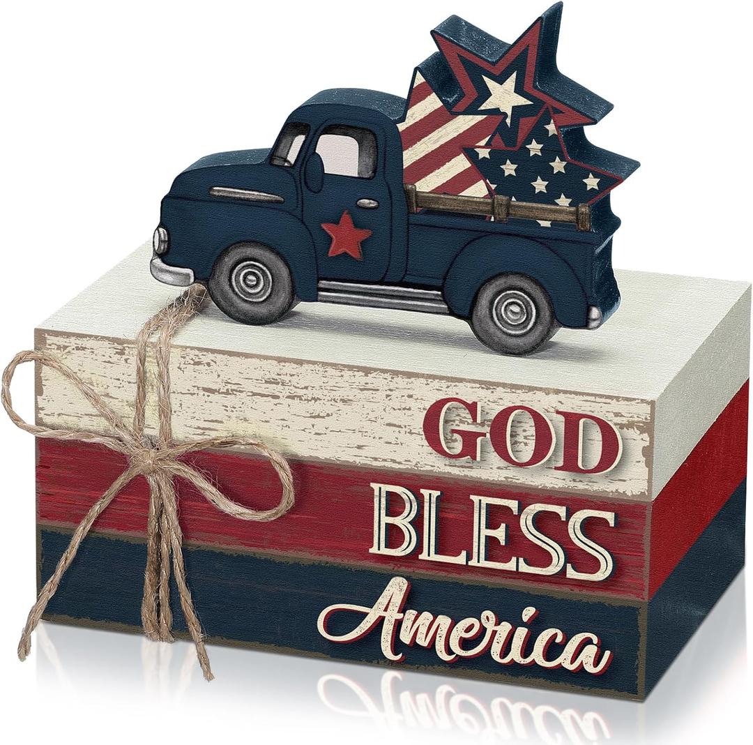 Yuntau 4 Pcs 4th of July Patriotic Table Decor 250th Anniversary Memorial Day Wooden Signs Rustic Red White Blue Books Stack Independence Day Tiered Tray Decor for Home Office Desk Shelf