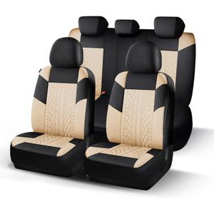 HChengkikz Car Seat Cover Full Set, Cloth Car Seat Covers, Car Seat Covers Airbag Compatible, Universal Fit for Most Cars, Truck, SUV (Black + Beige)
