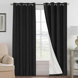 H.VERSAILTEX Bedroom Curtains Blackout Linen Blackout Curtains 84 Inches Long, 100% Blackout Thermal Textured Linen Look Curtain Draperies Grommet with White Liner, 2 Panels, Black