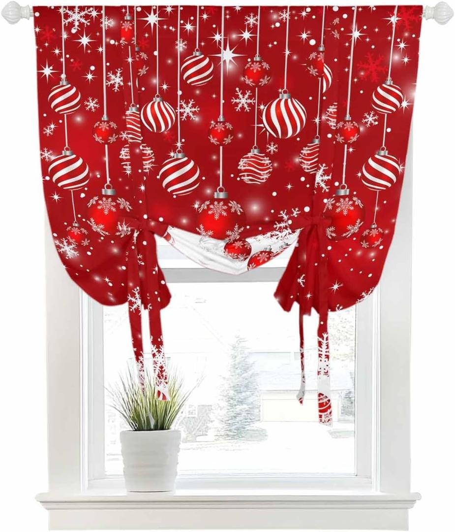 Christmas Tie Up Curtain for Kitchen Bathroom Living Room Bedroom Coffee, Red Merry Christmas Ball Rod Pocket Valance Xmas Snowflake Sparkle Adjustable Balloon Window Shade, 1 Panel 42" x 63"