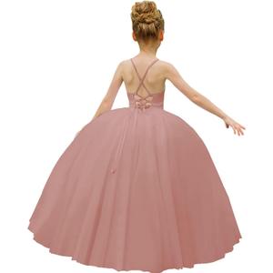 Flower Girl Dress Crossed Straps Lace Wedding Dresses Party Bridesmaid Ball Gown (Pink)