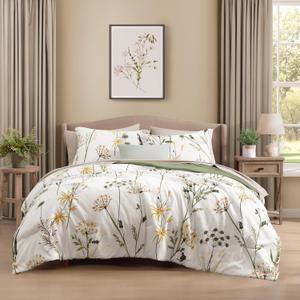 CASAAGUSTO King Comforter Set 7 PCS White & Green Dandelion Plant Comforter Set with Flowers Leaves Pattern Soft Seersucker Design All Season Bedding Set(102"X90")