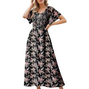 Dokotoo Womens Dresses 2025 Square Neck Tie Backless Summer Dresses Cap Sleeve Floral Buttoned Empire Waist Maxi Dress (L)