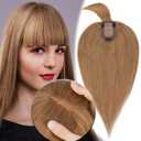 MY-LADY Human Hair Toppers for Women Real Remy Hair 150% Density 7 * 13CM Silk Base with Bangs Clip in Hair Pieces Straight Hairpiece for Thinning Hair 18 Inch #06 Light Brown