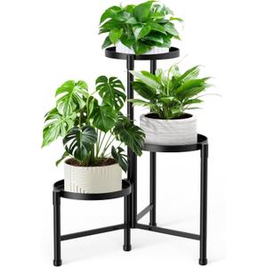 3 Tier Corner Plant Stand Indoor Outdoor, Metal Plant Shelf with 10 Inch Wide Tray,Flower Pot Display Holder Iron Rack Organizer Stand for Living Room Office Garden Patio Balcony Black