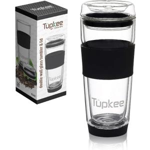  Double Wall Glass Tumbler - 14-Ounce, All Glass Reusable Insulated Tea/Coffee Mug & Lid, Hand Blown Glass Travel Mug - Black