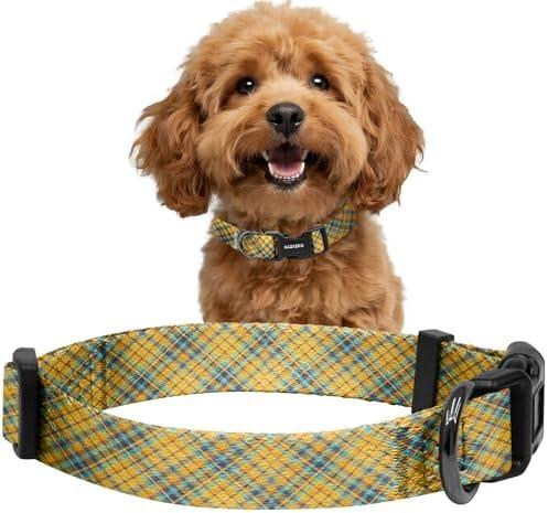 Kazazoo Dog Collar Cute and Soft Nylon Puppy Collar for Boy and Girl, Adjustable Dog Collars for Dogs, Yellow&Blue Plaid XS Pack of 2