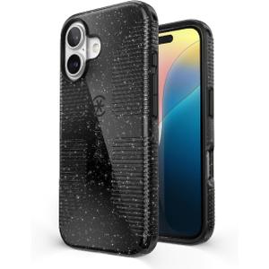 Speck CandyShell Grip iPhone 16 Case - Slim MagSafe - Black Glitter/Steel Black